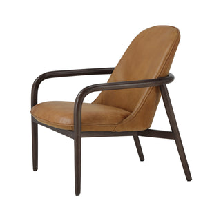 angle view of cognac leather armchair with minimal curved wood frame