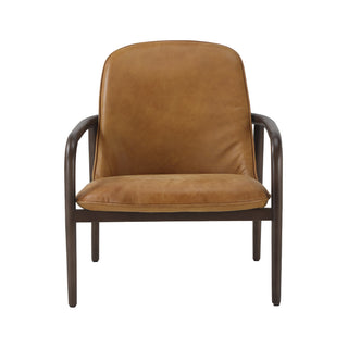 front angle of cognac leather armchair with minimal curved wood frame