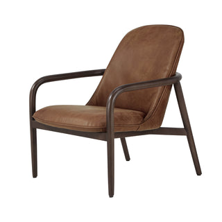 angle view of modern light brown leather accent chair with solid wood frame