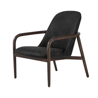 angle view of modern black leather accent chair with solid wood frame
