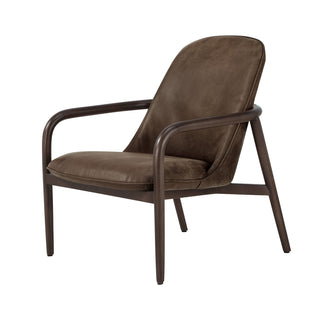 angle view of modern rw brown leather accent chair with solid wood frame