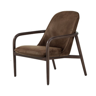 angle view of modern whiskey leather accent chair with solid wood frame