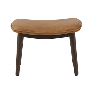 front view of modern cognac leather lounge footstool with solid wood legs
