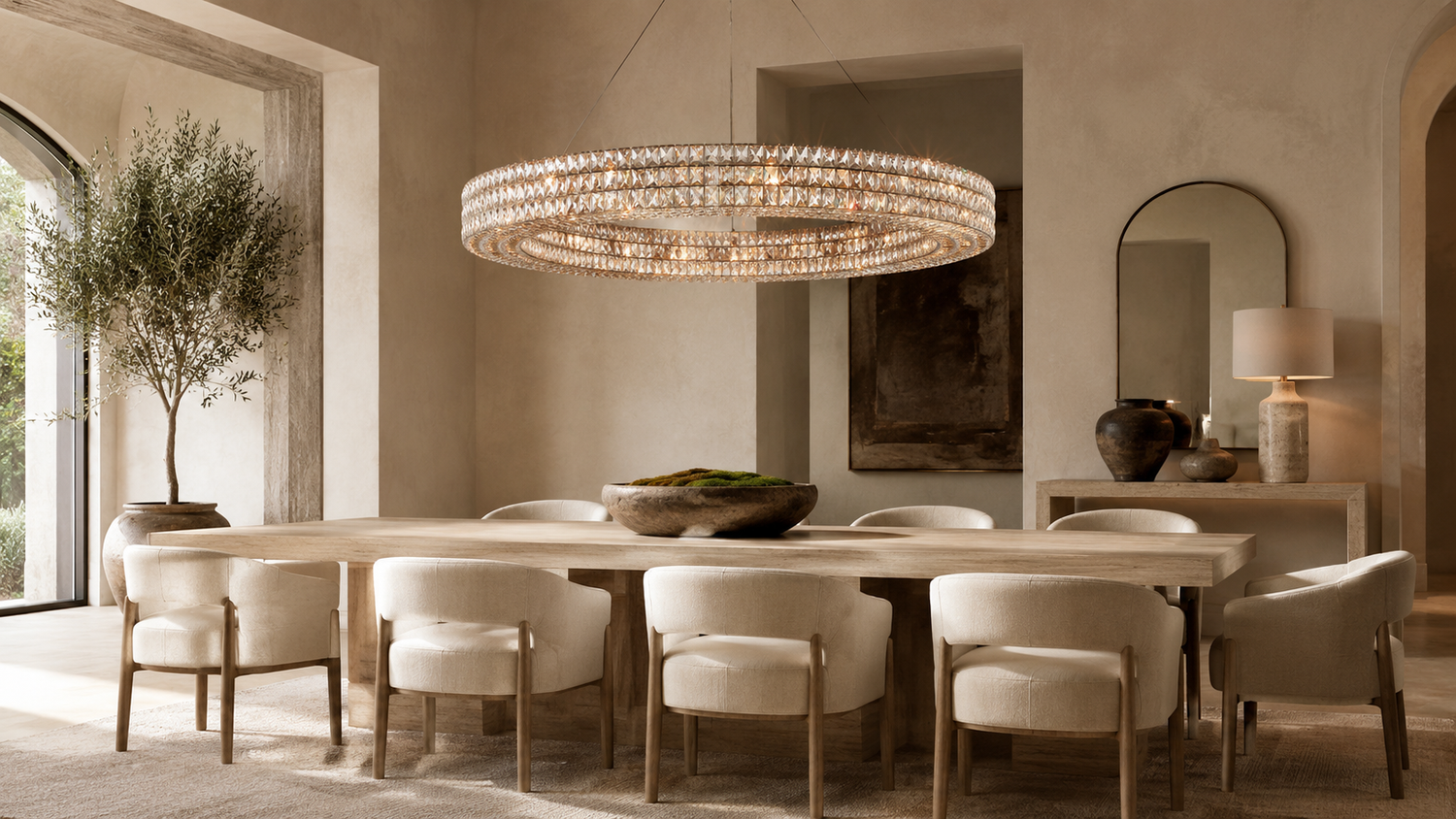 Lattice crystal chandelier illuminated above a seating area in a warm contemporary interior