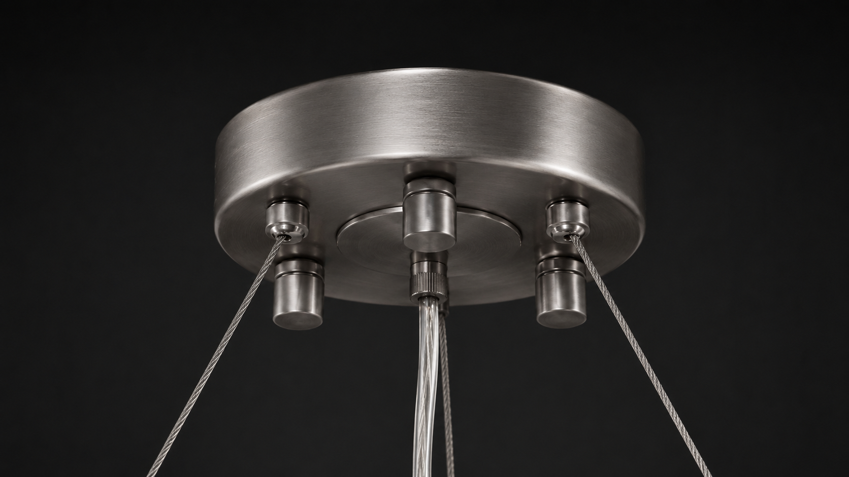 Close-up of the Lattice chandelier metal ceiling canopy with adjustable suspension cables