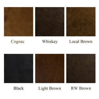 leather color swatch palette with labeled samples in black, brown, cognac, and whiskey tones
