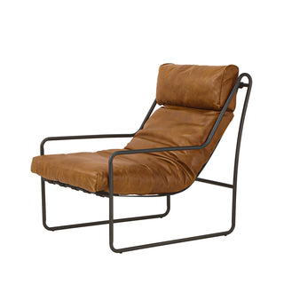 angled view of modern cognac leather accent chair with metal frame