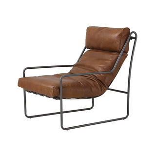 side angled view of modern light brown leather accent chair with metal frame