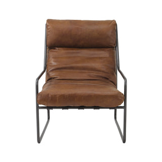 front view of modern light brown leather accent chair with metal frame