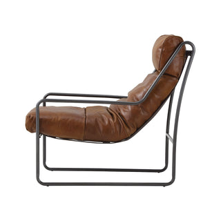 side view of modern light brown leather accent chair with metal frame