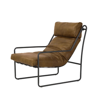 angled view of modern local brown leather lounge chair with metal frame