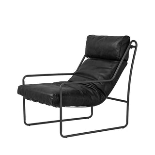 angle view of modern new black leather accent chair with metal frame