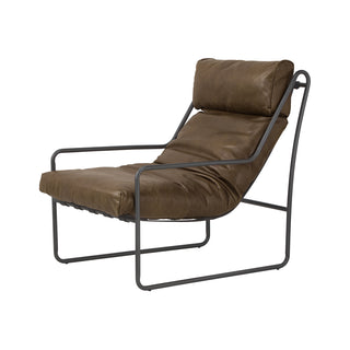 angled view of modern whiskey leather accent chair with metal frame