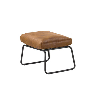 angle view of modern cognac leather footstool with metal frame