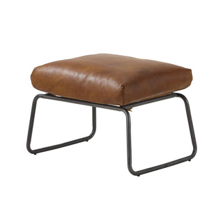 angle view of modern light brown leather footstool with metal frame