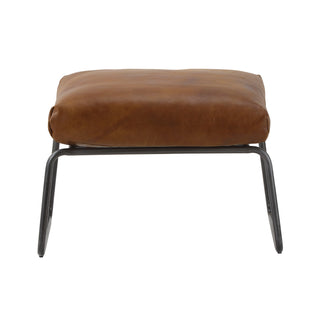 front view of modern light brown leather footstool with metal frame