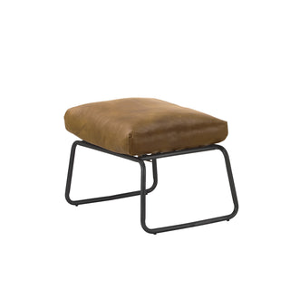 angle view of modern local brown leather footstool with metal frame