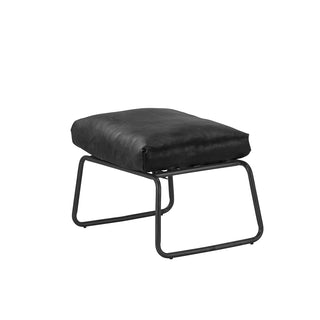 angle view of modern black leather footstool with metal frame