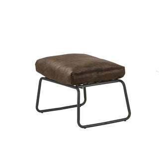 angle view of modern rw brown leather footstool with metal frame
