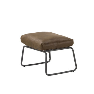 angle view of modern whiskey leather footstool with metal frame