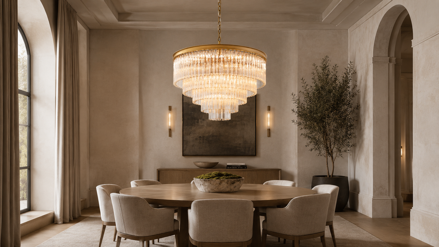 Marais glass chandelier illuminated above a dining table in an elegant contemporary interior