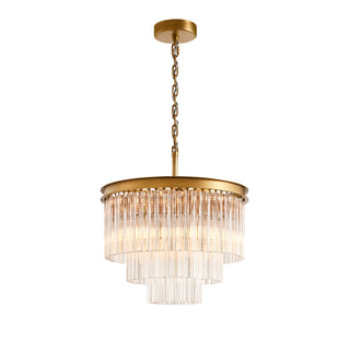 Full view of Marais round three-tiers concave sides glass bar chandelier with brass finish canopy.