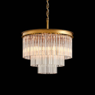 Illuminated Marais round three-tier crystal chandelier with layered murano-style glass bars with three concave sides. 