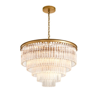 Full view of Marais round five-tier chandelier with layered trihedral glass bars.