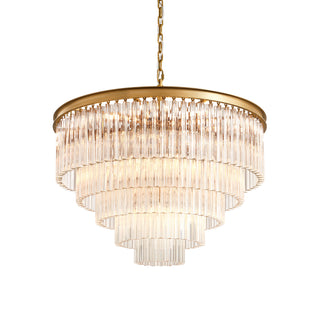 Marais round five-tier chandelier with concave trihedral glass bars and brass frame.