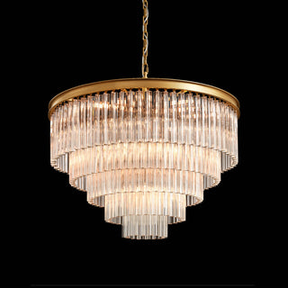 Illuminated Marais round five-tier chandelier with Murano-style trihedral glass bars.