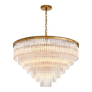 Full view of Marais round seven-tier chandelier with layered trihedral glass bars.