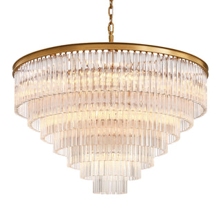 Marais round seven-tier chandelier with concave trihedral glass bars and brass frame.
