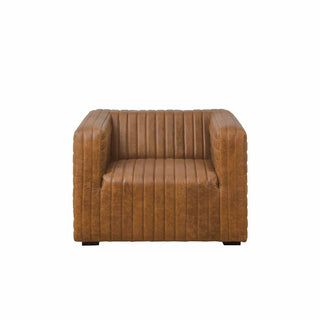 front view of 1-seater ribbed leather armchair in rich brown color