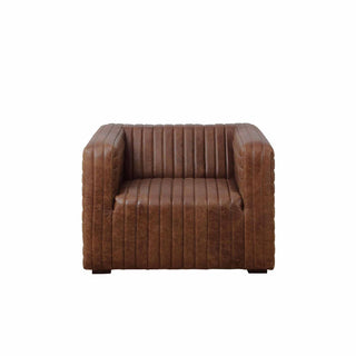 front view of 1-seater ribbed leather armchair in light brown color
