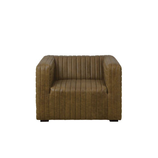 front view of 1-seater ribbed leather armchair in brown color