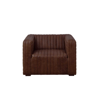 front view of 1-seater ribbed leather armchair in rich brown color