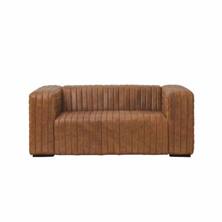front view of 2-seater ribbed leather sofa in cognac brown finish