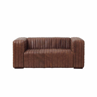 front view of 2-seater ribbed leather sofa in light brown finish