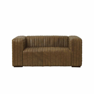 front view of 2-seater ribbed leather sofa in brown finish