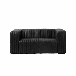 front view of 2-seater ribbed leather sofa in matte black tone