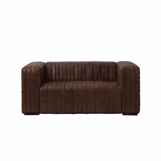 front view of 2-seater ribbed leather sofa in brown finish