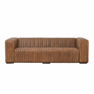 front view of 3-seater ribbed leather sofa in cognac brown finish