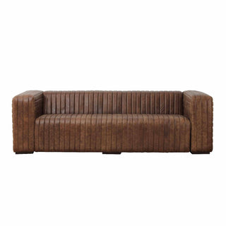 front view of 3-seater ribbed leather sofa in light brown finish