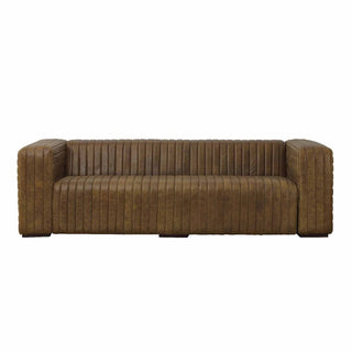 front view of 3-seater ribbed leather sofa in latte brown color