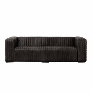 front view of 3-seater ribbed leather sofa in matte black tone
