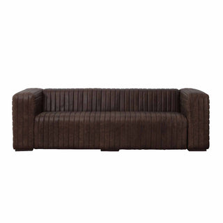front view of 3-seater ribbed leather sofa in dark brown finish
