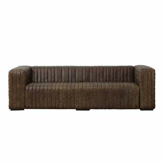 front view of 3-seater ribbed leather sofa in whiskey brown color and finish