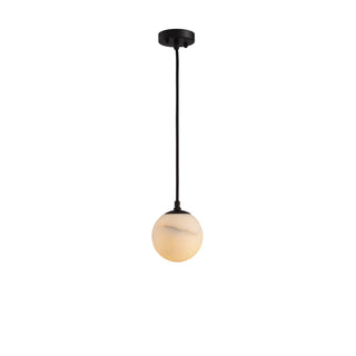 Moonlit round stone pendant light with black alloy frame, natural calcite crystal sphere resembling a glowing moon, ideal for kitchen islands and bedside lighting