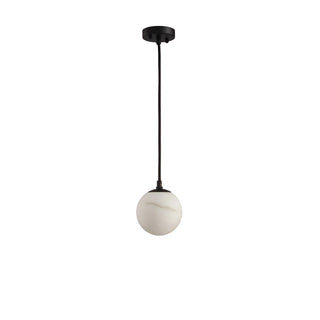 Moonlit round stone pendant light with black alloy frame, natural calcite crystal sphere resembling a glowing moon, ideal for kitchen islands and bedside lighting