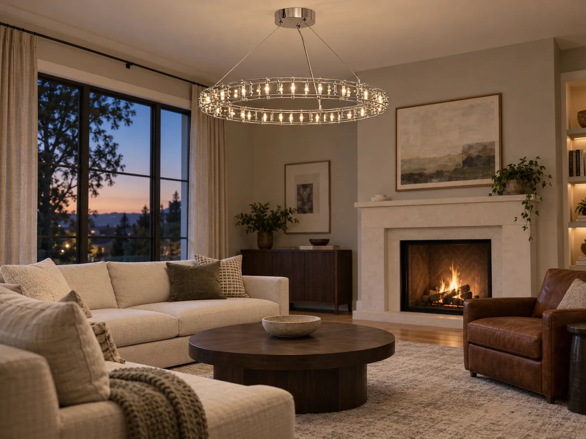 Modern living room lighting at dusk: Aura Ring chandelier, small LED bulbs on a stainless steel ring, over a wood coffee table by a stone fireplace